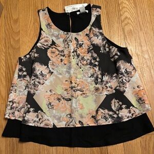 Bar lll Women’s Floral Sleeveless Layered Top - Black and Orange X-Small